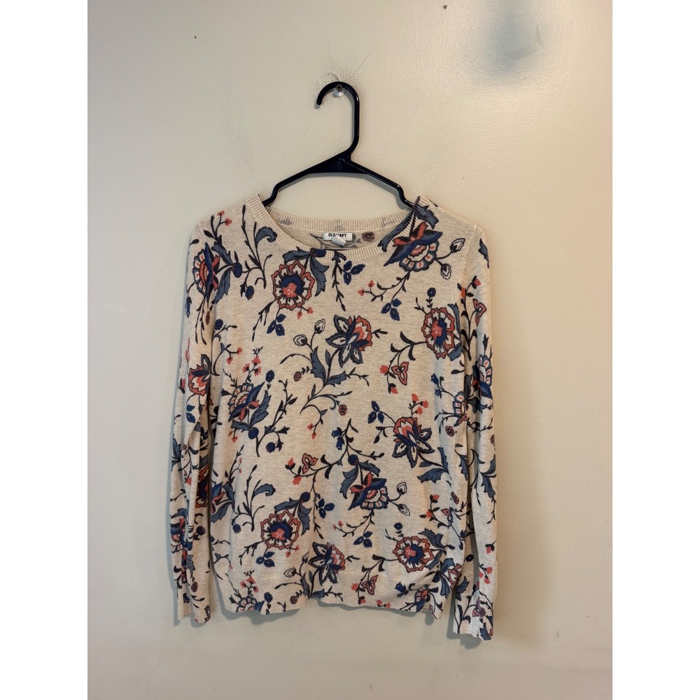 Old Navy Womens Floral Crewneck Sweater Cream Navy Blue Coral Red Size M